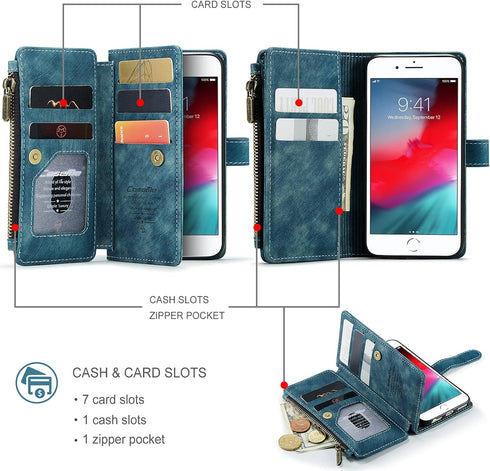 UEEBAI Wallet Case for iPhone SE 2022 5G/iPhone 7/iPhone 8/iPhone SE 2020, Handmade PU Leather Phone Case Card Slots Magnetic Zipper Pocket Kickst...
