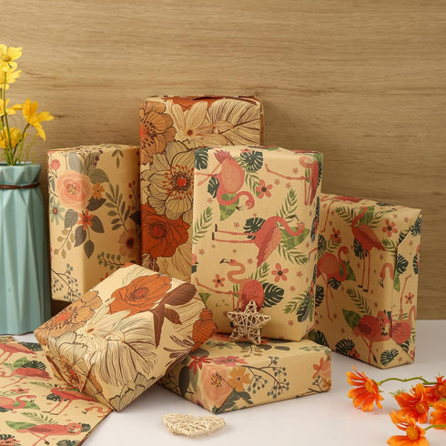 BULKYTREE Kraft Floral Wrapping Paper for Girls Kids Men Women Birthday Wedding Mothers Day Bridal Shower Wedding Graduation - 6 Large Sheets Flow...