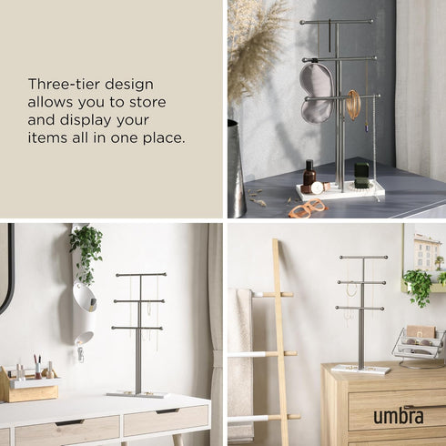 Umbra Trigem Hanging Jewelry Organizer Tiered Tabletop Free Standing Necklace Holder Display, White/Nickel...