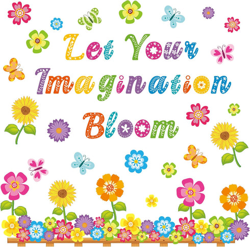 Flower Butterfly Bulletin Cutouts Classroom Bulletin Board Decor Let Your Imagination Bloom Paper Cutouts for Floral Party School Home Wall Window...
