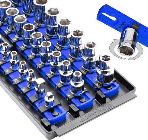 Ernst Manufacturing 8491 Socket Boss Multi-Drive Socket Organizer Tray with 13” Socket Rails, Blue – Drive Socket Storage Tray for Automotive Serv...