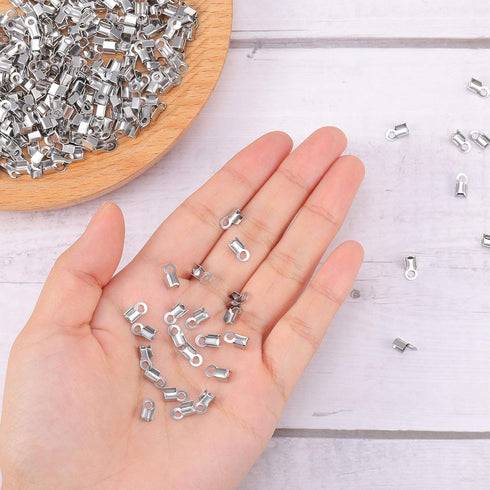 Syhood 300 Pieces 304 Stainless Steel Fold Over Cord Ends Cord Crimp Tips Fold-Over End Caps Leather Ribbon Clasp Tips Jewelry Connector for Jewel...