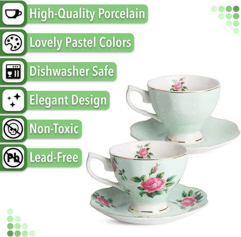 BTaT- Floral Tea Cups and Saucers, Set of 2, 8oz, Coffee Cups with Gold Trim, British Tea Cups...