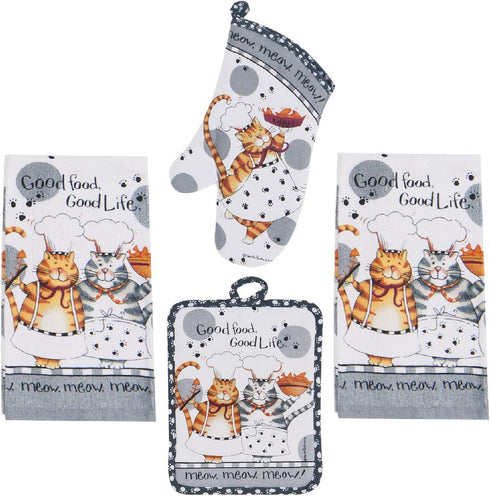 4 Piece Happy Cat Kitchen Set - 2 Terry Towels, Oven Mitt, Potholder...