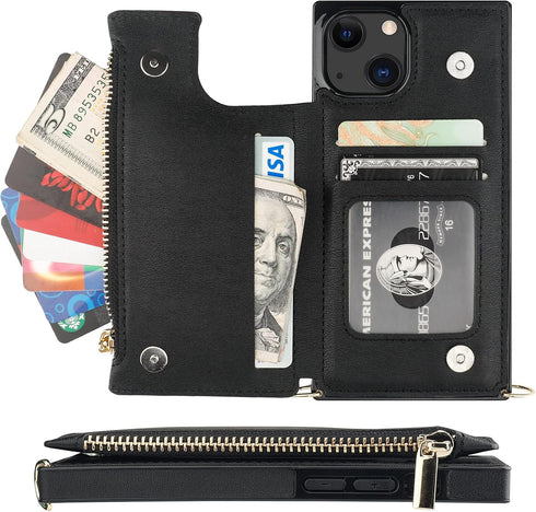 Bocasal Crossbody Wallet Case for iPhone 13 with RFID Blocking Card Slot Holder, Magnetic Flip Folio Purse Case, PU Leather Zipper Handbag with De...