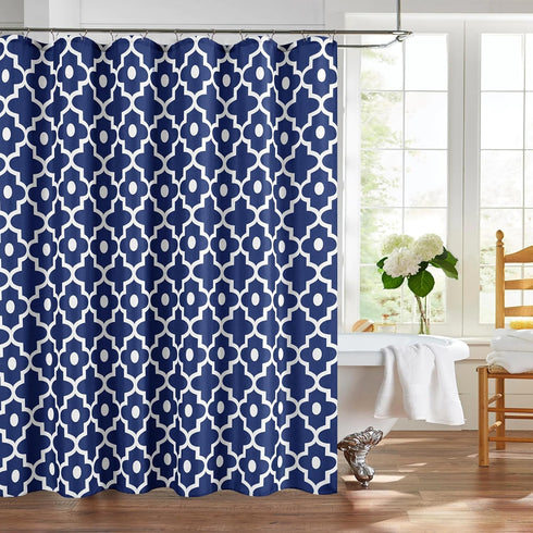 Biscaynebay Extra Long Textured Fabric Shower Curtains 72" W x 84" L, Navy Morocco Pearl Printed Hotel Spa Luxury Decorative Bathroom Curtain Mach...