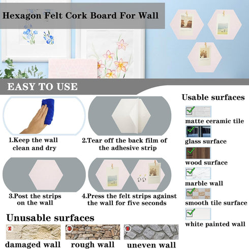 6Pcs White Hexagon Bulletin Board Strips,White Felt Pin Board Bar Strips with 50 Pushpins, Self-Adhesive Felt Cork Board Strips for Wall to Displa...