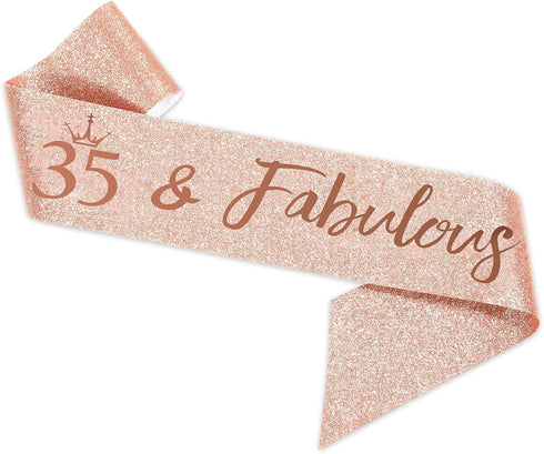 35th Birthday Sash and Tiara for Women, Rose Gold Birthday Sash Crown 35 & Fabulous Sash and Tiara for Women, 35th Birthday Gifts for Happy 35th B...