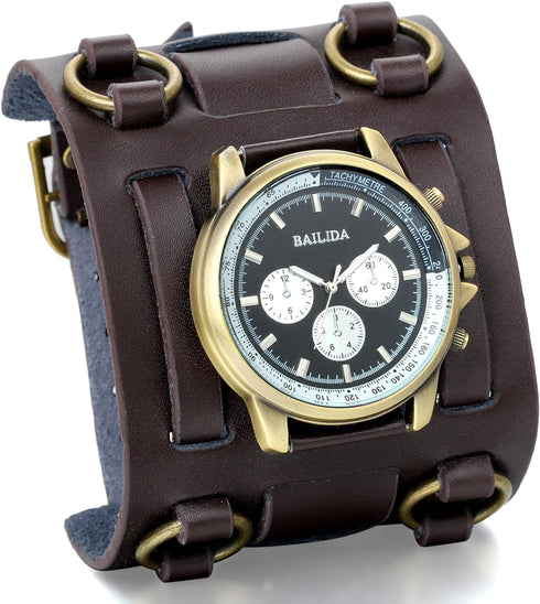 JewelryWe Black Brown Hip-hop Gothic Punk Style Men Watch Wide Leather Fashion Cuff Wristwatch for Valentine’s Day...