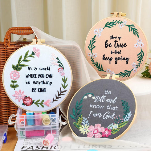 5 Sets Inspired Quote Embroidery Kit for Beginner Adult Motivational Embroidery Starter Kit Floral Cross Stamped Needlepoint Kit Embroidery Hoops ...