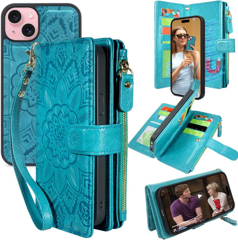 Harryshell Compatible with iPhone 14 / iPhone 13 6.1 inch 5G Wallet Case Detachable Magnetic Cover Zipper Cash Pocket Multi Card Slots Holder Wris...