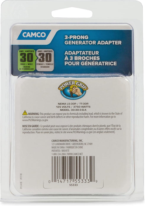Camco Power Grip Camper/RV Generator Adapter | Features a Heavy-Duty 30 Amp Locking Male and Female Connection | Rated for 125 Volts / 3750 Watts ...