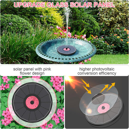 Solar Fountain with Pink Flower,Solar Bird Bath Fountains No Battery 2024 Upgraded Glass Solar Panel,Solar Water Pump Fountain for Bird Bath Garde...