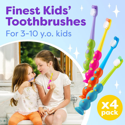 Kids Toothbrush 4 Pack - Soft Bristles with Suction Cup - Toothbrush Kids, Child Sized Brush Heads (3-10 Year Old) Kid Toothbrush with Easy Storag...