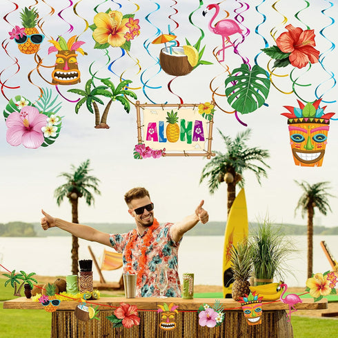 Outus 30 Pieces Hawaiian Luau Birthday Party Hanging Swirl Decorations, Flower Tropical Palm Flamingo Sign Foil Ceiling Decor for Floral Tropical ...