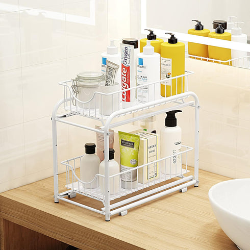 AIYAKA 2 Tier Stackable Sliding Basket Organizer Drawer For Kitchen And Bathroom/Cabinet Drawers,White...