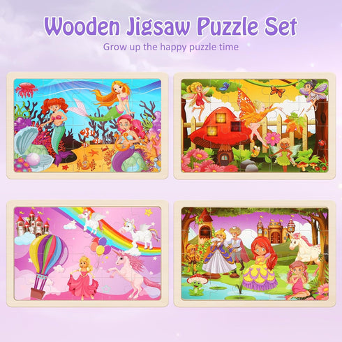 Wooden Puzzles Toys for Kids Ages 3-5, Set of 4 Packs with 20-Piece Unicorn Mermaid Princess Wood Jigsaw Puzzles, Preschool Educational Brain Teas...