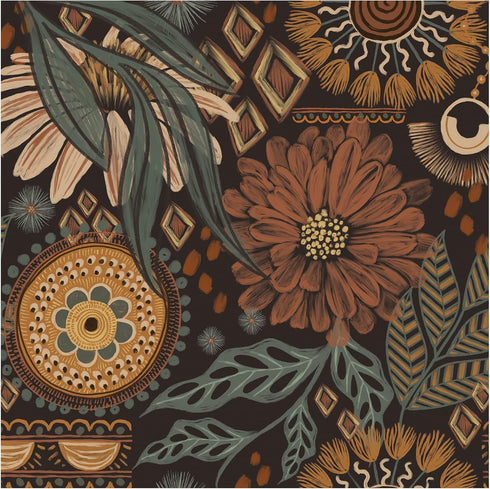 HAOKHOME 93291 Wallpaper Peel and Stick Floral Boho Brown/PeachPuff/Green Retro Wall Decor Bathroom Removable Mural 17.7in x 6.6ft...