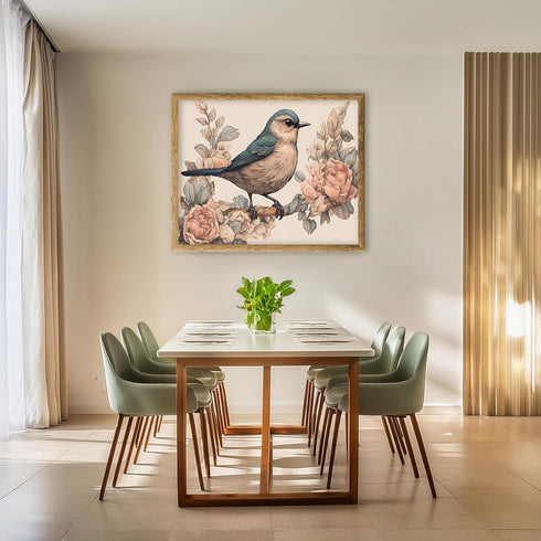 Posterizer 1 pcs- Blue and pink little bird on a tree with flowers-Art for Animal Lovers-Floral Botanical Art- Gift for Men Women Teens-Decor for...
