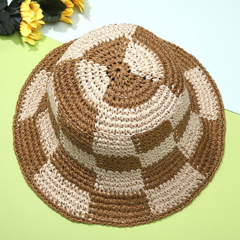 Sun Hats Checkerboard Straw Bucket Hat for Women Packable Crochet Wide Brim Floppy Beach Hats Traveling Summer Accessories...