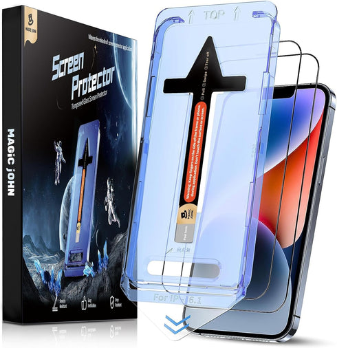 MAGIC JOHN 2 Pack for iPhone 13/14& iPhone 13 Pro 6.1 inch Tempered Glass Screen Protector, Auto Dust-Elimination, Bubble Free, HD Clear, Easy Ins...