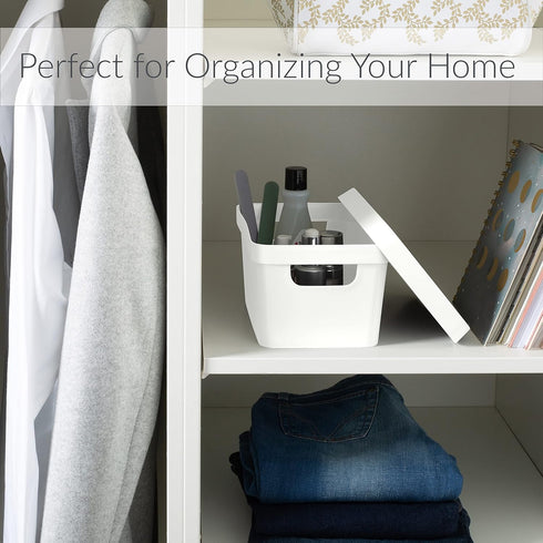 Simplify Small Vinto Storage Box | Click Tight Lid | Dimensions: 9.76" x 6.69" x 4.84" | Stackable | Home Organization | 2 Handles | White...
