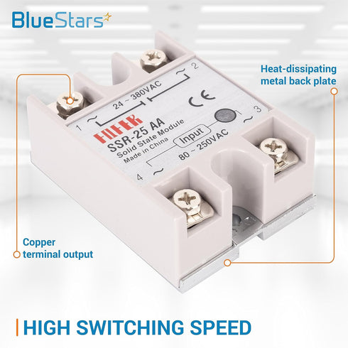 BlueStars Solid State Relay SSR-25AA AC to AC Input 80-250VAC to Output 24-380VAC 25A Single Phase Semi-Conductor Relay Module - Pack of 2 - Contr...