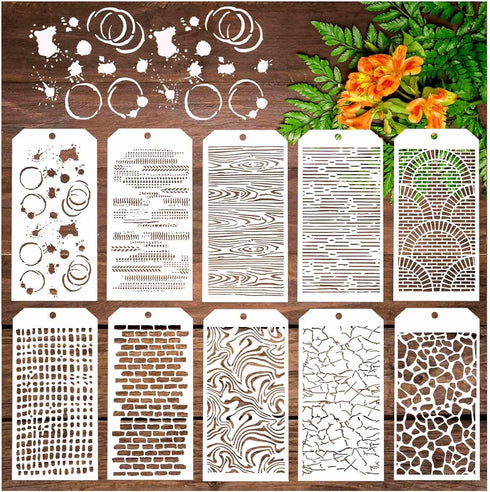 10 Pcs Stencils for Painting for Crafts, Background Texture Stencils Reusable Mixed Crackle Marble Brick Stone Stencil Wood Grain Mixed Media Sten...
