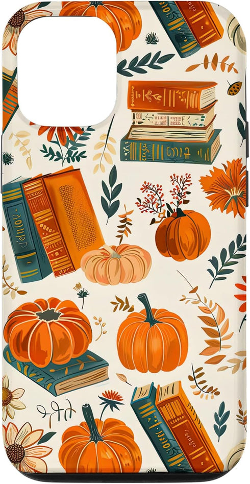 iPhone 15 Vintage Pumpkin Fall Leaves & Book Pattern Bookish Bookworm Case...