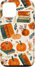 iPhone 15 Vintage Pumpkin Fall Leaves & Book Pattern Bookish Bookworm Case...