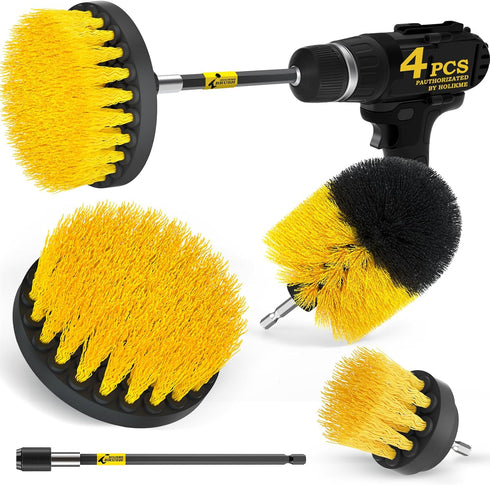 Holikme 4 Pack Drill Brush Attachments Set, Power Scrubber with Extend Long Attachment?Cleaning Supplies for Bathtub, Shower, Grout, Tile(Yellow)...