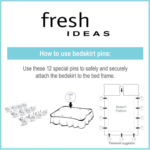 FRESH IDEAS Dust Ruffle, Spiral Push Pins to Keep Skirt in Place Bedding Accessories, Set of 12, White...