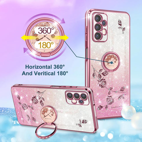 Likiyami (3in1 for Samsung Galaxy A32 5G Case for Women Girls Glitter Girly Cute Bling Flowers Phone Cases with Ring Stand Unique Design Sparkle F...