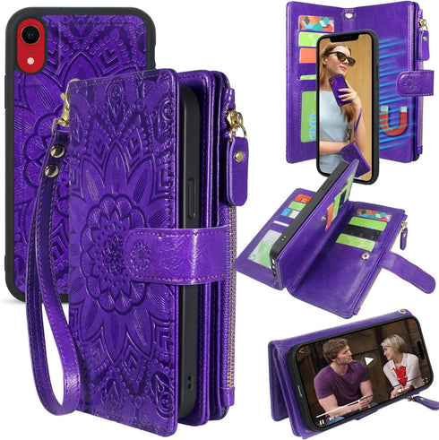 Harryshell Detachable Magnetic Zipper Wallet Leather Case Cash Pocket with Card Slots Holder Wrist Strap for iPhone XR 6.1 Inch 2018 Floral Flower...