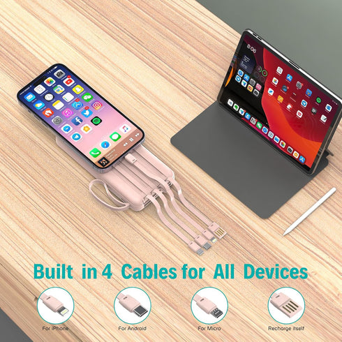 Portable Charger with Built in Cables,10000mAh Slim USB C Power Bank,5 Output 3 Input LED Display High Speed External Battery Pack Travel Phone Ch...