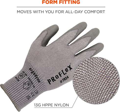 Ergodyne ProFlex 7024 Cut Resistant Work Gloves, ANSI A2, PU Coated Palms for Flexible No Slip Grip, Abrasion Resistant, 13g, Touchscreen Capable,...