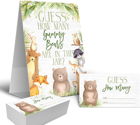 Your Main Event Prints Guess How Many Gummy Bears Game - 5x7 Self-Standing Sign and 50 Guessing Cards - Woodland Theme for Baby Shower or Birthday...
