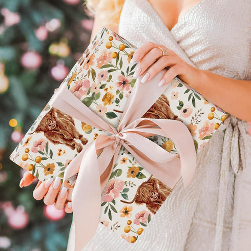 AnyDesign Boho Floral Highland Cow Tissue Paper 100 Sheet Watercolor Flower Art Tissue Farmhouse Cute Cow Wrapping Paper for DIY Crafts Gift Packi...