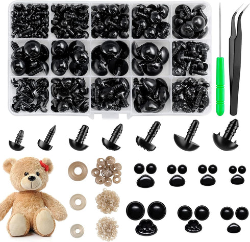 Safety Eyes and Noses, Plastic Craft Eyes and Teddy Bear Nose for Amigurumi with Washers?Crochet and Tweezers for Doll Making Supplies...