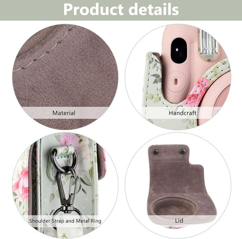 Yoption Instant Camera Case Compatible with Instax Mini 12/11/9/8/8+, PU Leather Camera Bag with Pocket and Adjustable Shoulder Strap (Green Flora...