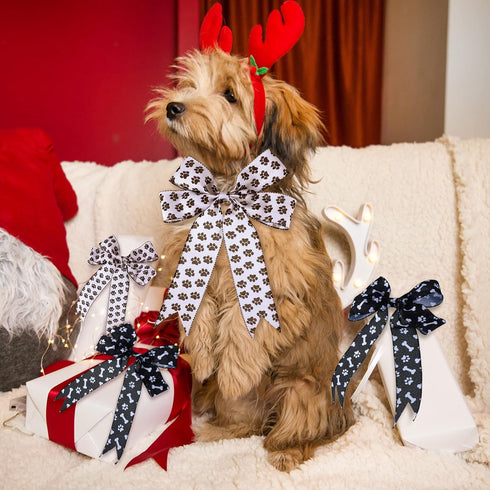 4 Rolls 26.4 Yard Paw Print Ribbon Dog Bone Wired Edge Ribbon Craft Wired Ribbon DIY Wrapping Ribbon for Halloween Christmas Handicraft Decor Part...