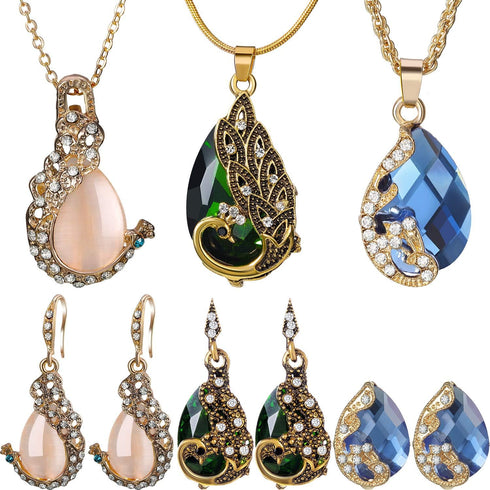 Hicarer 6 Pieces Jewelry Sets for Women Elegant Necklace Set Peacock Waterdrop Rhinestone Pendant Necklace Crystal Peacock Pattern Necklace Earrin...