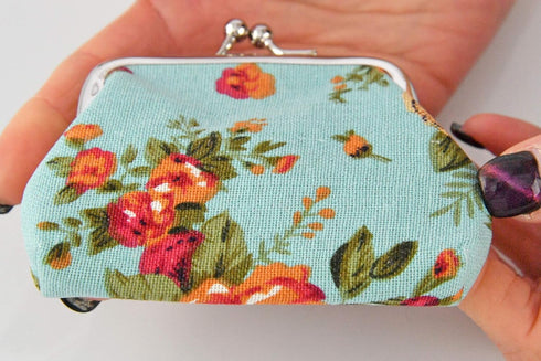 Home-X Canvas Coin Pouch Clasp Closure, Rose Pattern, Floral Coin Purse, Keys Wallet, Round-Blue (4" L x 3.5" H)...