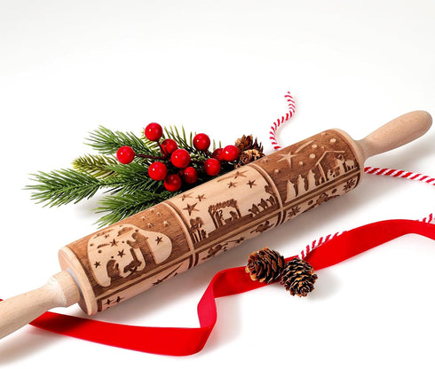 17" Premium Wood Rolling Pin with Nativity Embossed Designs | 3mm Deep Springerle Cookie Molds | Christmas Rolling Pin & Baking Gifts for Women | ...