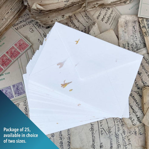 Wanderings Handmade White Envelopes with Real Flower Petals - Package of 25 - for Announcements, Wedding Invitations, Greeting Cards, Crafts - Thi...