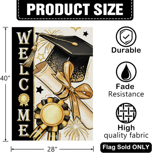 Welcome Class of 2024 Congrats Grad 28 x 40 House Flag Double Sided, Black Gold Graduation Cap Diploma Medal Garden Yard Decoration, High School C...