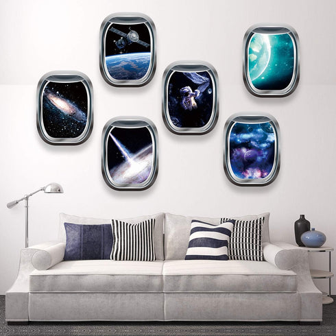 Blulu 6 Pieces 3D Space Capsule Window Wall Decor Outer Space Window Wall Decals Poster Spacecraft Astronaut Mural Galaxy Wallpaper Stickers for K...