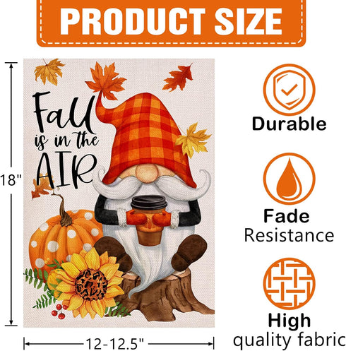 Fall is in the Air Gnome Pumpkin Coffee Decorative Garden Flag, Autumn Maple Leaves Yard Outside Decorations, Buffalo Plaid Cheetah Polka Dots Far...