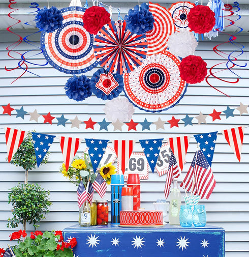 29PCS 4th/Fourth of July Patriotic Decorations Set - Red White Blue Paper Fans,USA Flag Pennant,Star Streamer,Pom Poms,Hanging Swirls Party Decor ...
