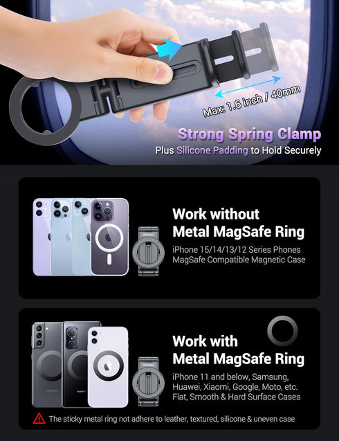 PROfezzion Airplane Travel Essentials Magnetic Phone Holder for MagSafe, iPhone 15, 14, 13, 12 & All Phones, Handsfree Phone Mount for Seat Tray T...